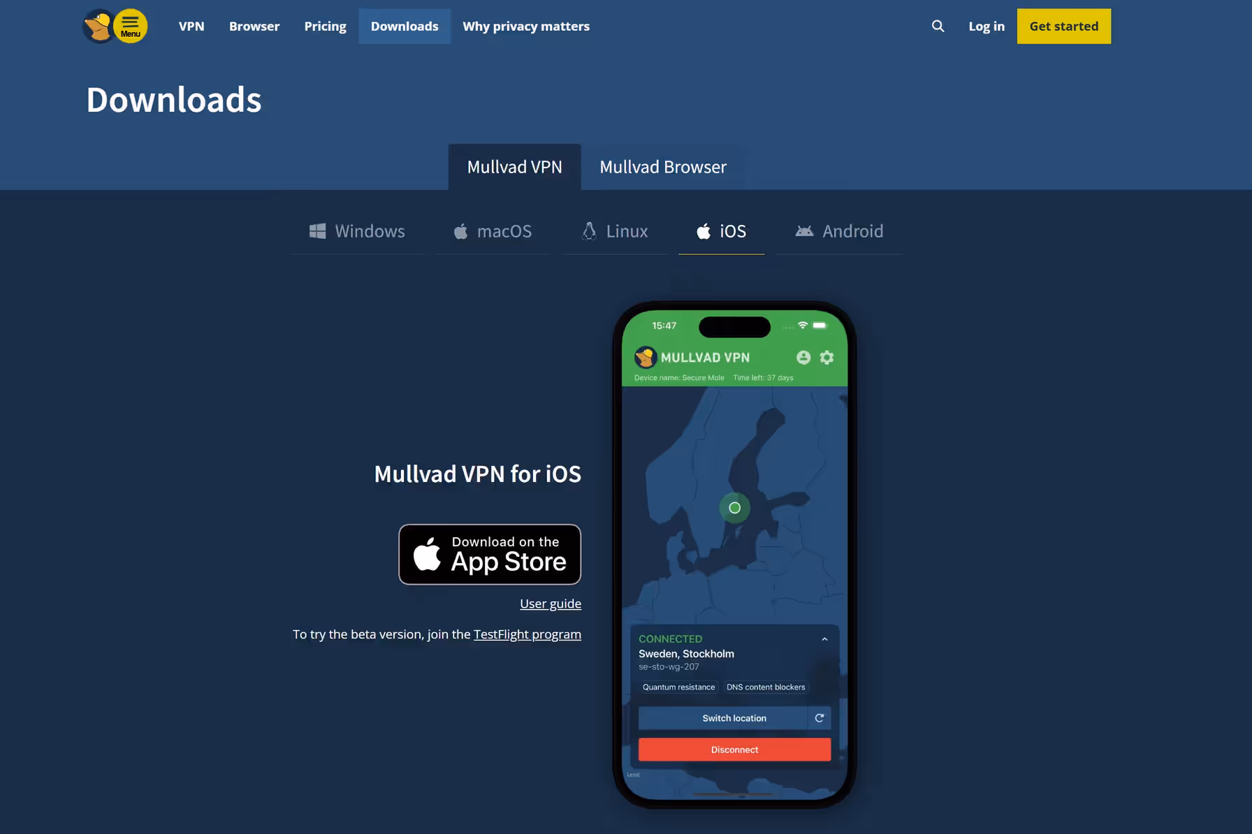 Mullvad VPN iOS download page