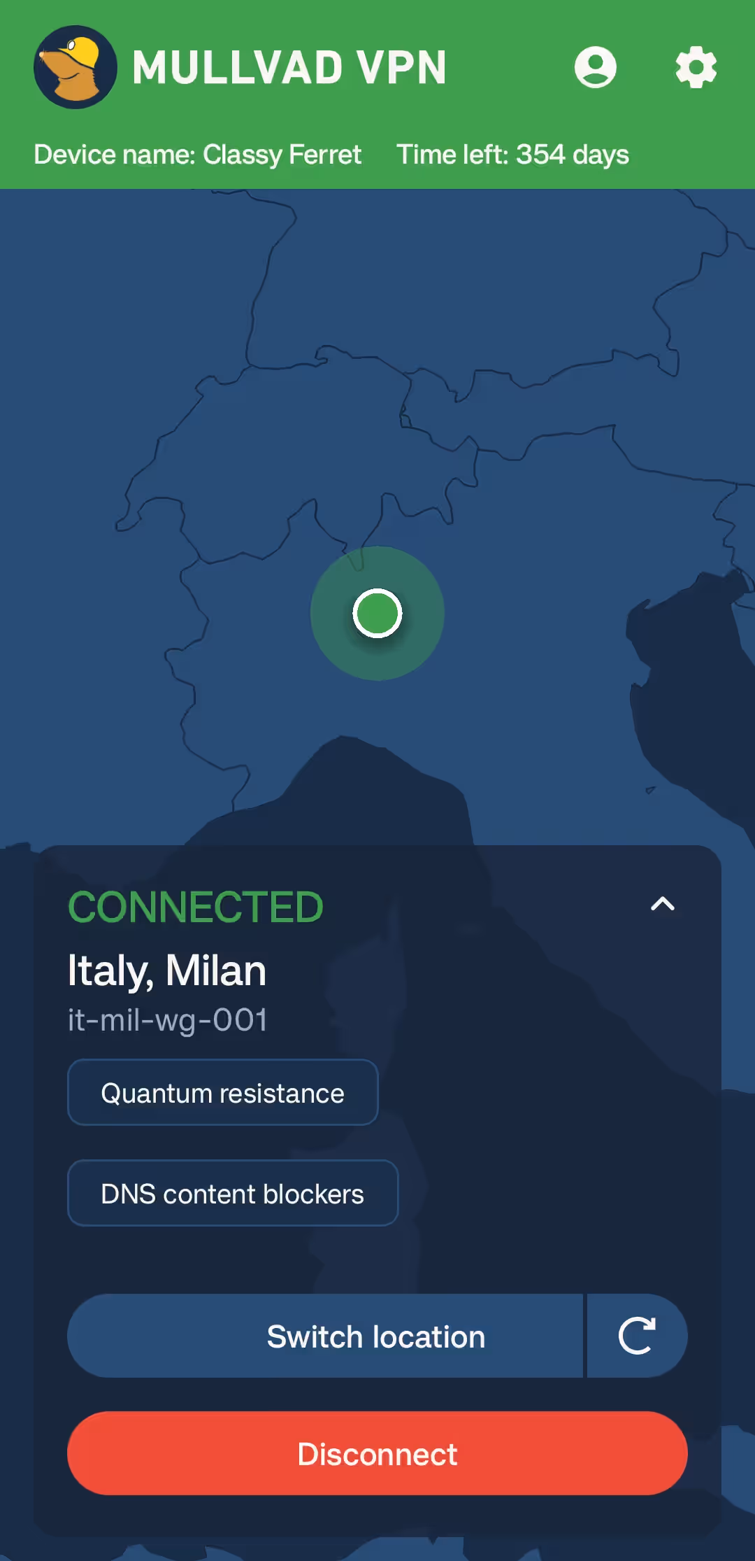 Mullvad VPN connected screen